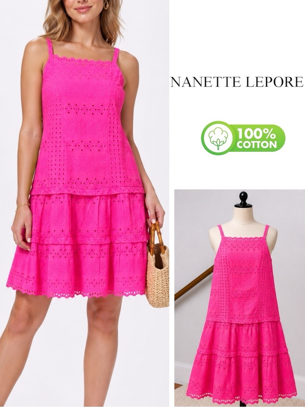 Nanette Lepore |NWOT 100% Cotton Vibrant Pink Eyelet Tiered Barbiecore Dress (0)